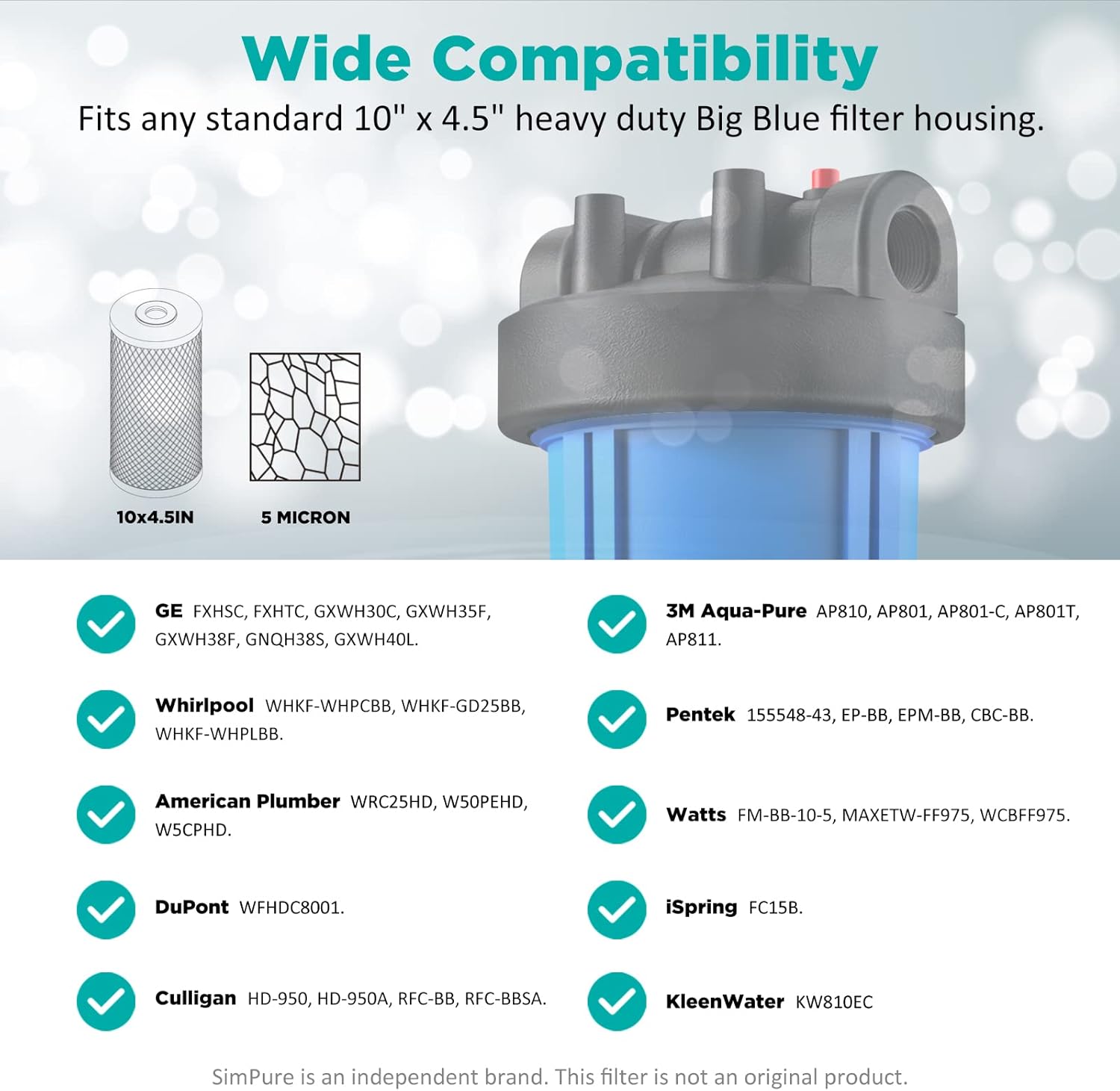 SimPure Whole House Water Filter Cartridges 5 Micron 10" x 4.5" CTO Activated Carbon Block, For DB10P, DB10C-2, GE GXWH40L, GXWH35F, BB10, FXHTC, FC15B, 4 Pack