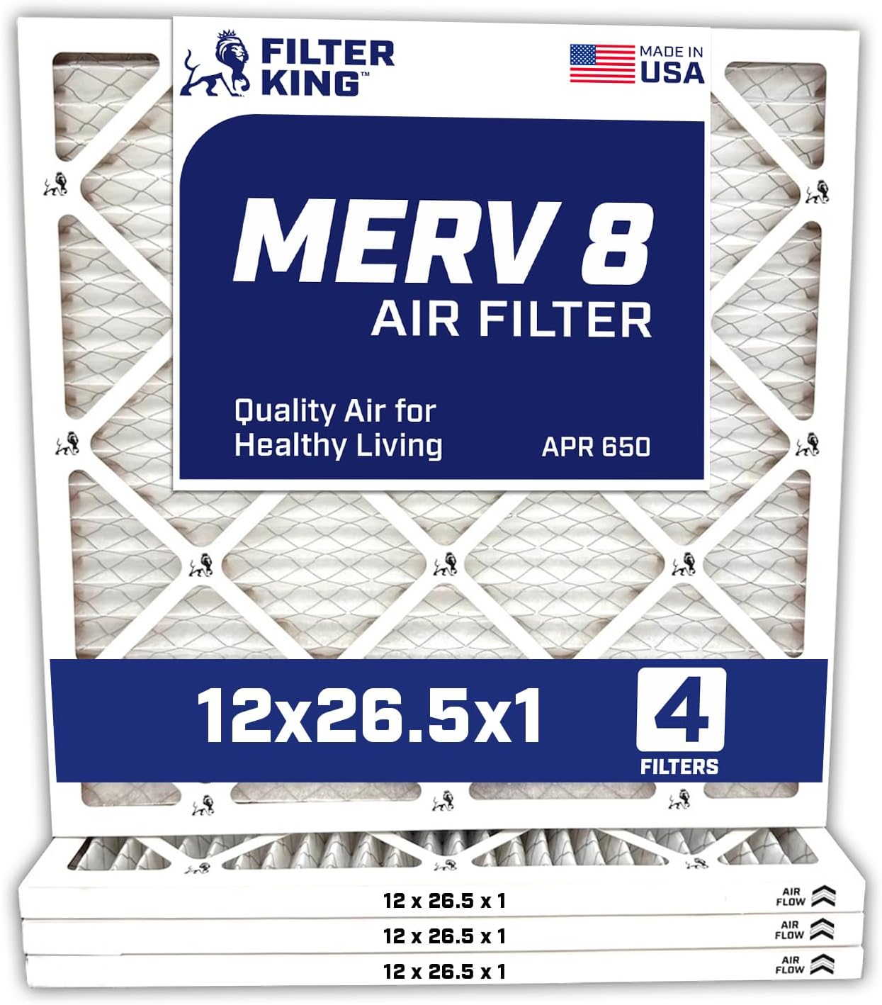Filter King 12x26.5x1 Air Filter | 4-PACK | Carbon MERV 8 HVAC Pleated A/C Furnace Filters | MADE IN USA | Actual Size: 12 x 26.5 x .75"