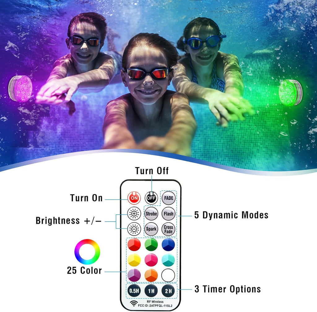 Rechargeable Submersible Pool Lights with Remote, Waterproof Underwater Charging Battery Operated Controlled 25 Color Changing LED with Magnet Floating Lights Pool Pond Decoration (4 Pack)