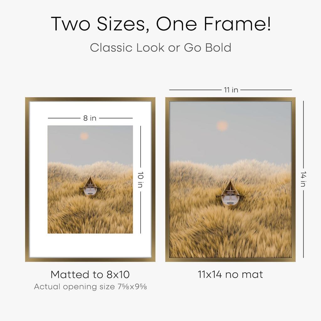 Homeforia 11x14 Bronze Picture Frame, High End Metal 11x14 Brass Frame with Mat 8x10, 11 x 14 Poster Frames Matted to 8 x 10 inch Photo, 11 by 14 Bronze Thin Frames, Tempered Glass, Wall Kit, Set of 2