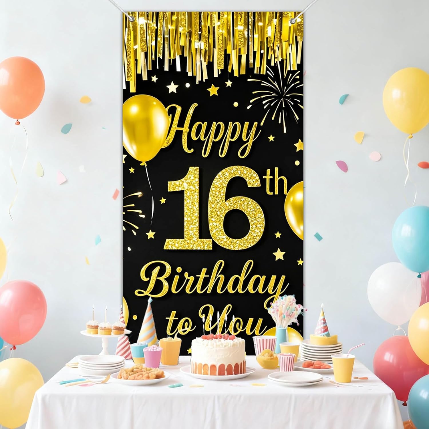 IVN 16th Birthday Door Cover 71x35 Inch Black Gold Birthday Banner for Party Decorations Balloons Stars Fireworks Backdrop Sign for Men Women Photo Booth Prop Wall Decor