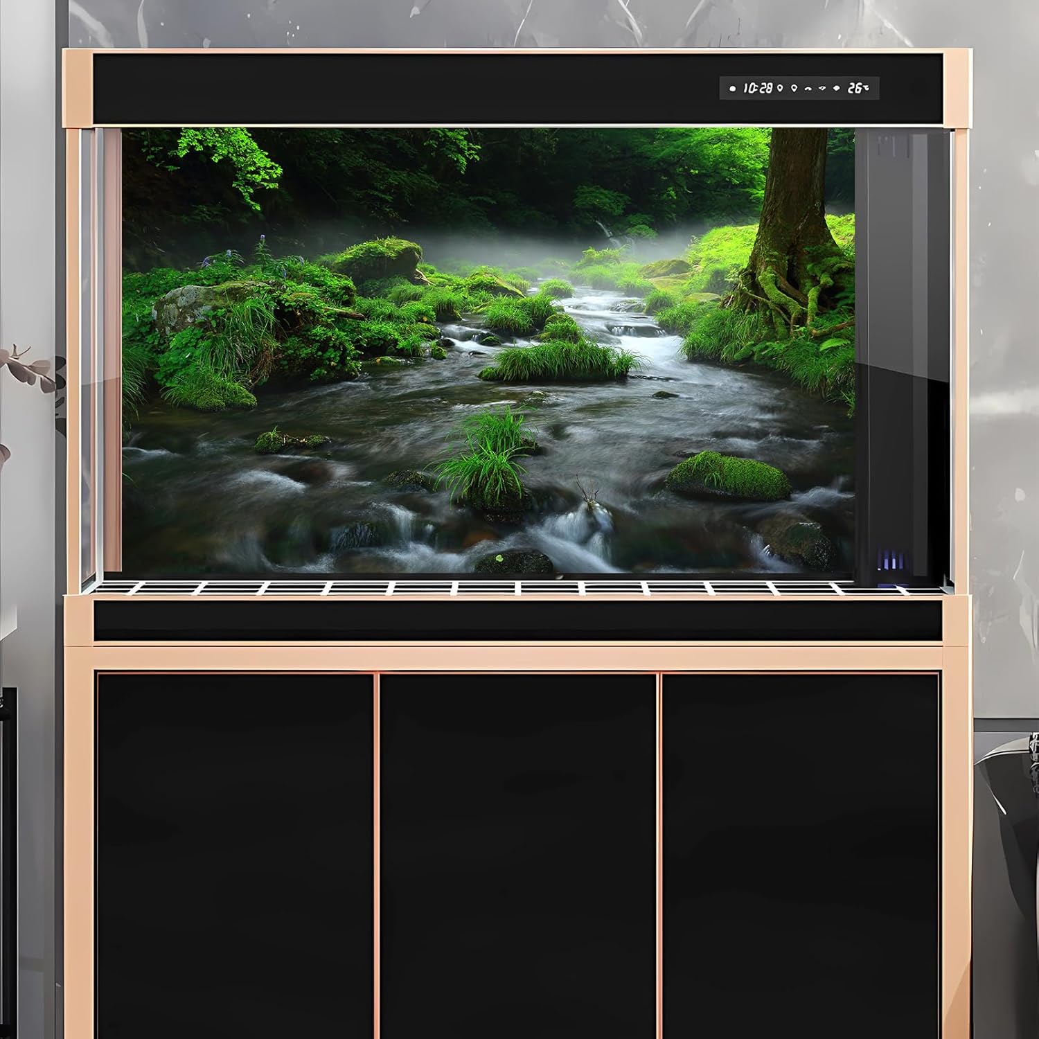 Stream Aquarium Background Aquatic Water Plants Rock Fish Tank Background Lush Green Forest Trees Terrarium Background Misty Foggy Stream Flowing Water Natural Landscape Aquarium Backdrops 30x18in
