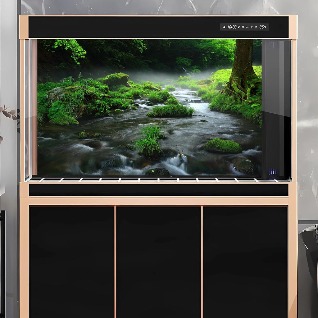Stream Aquarium Background Aquatic Water Plants Rock Fish Tank Background Lush Green Forest Trees Terrarium Background Misty Foggy Stream Flowing Water Natural Landscape Aquarium Backdrops 30x12in