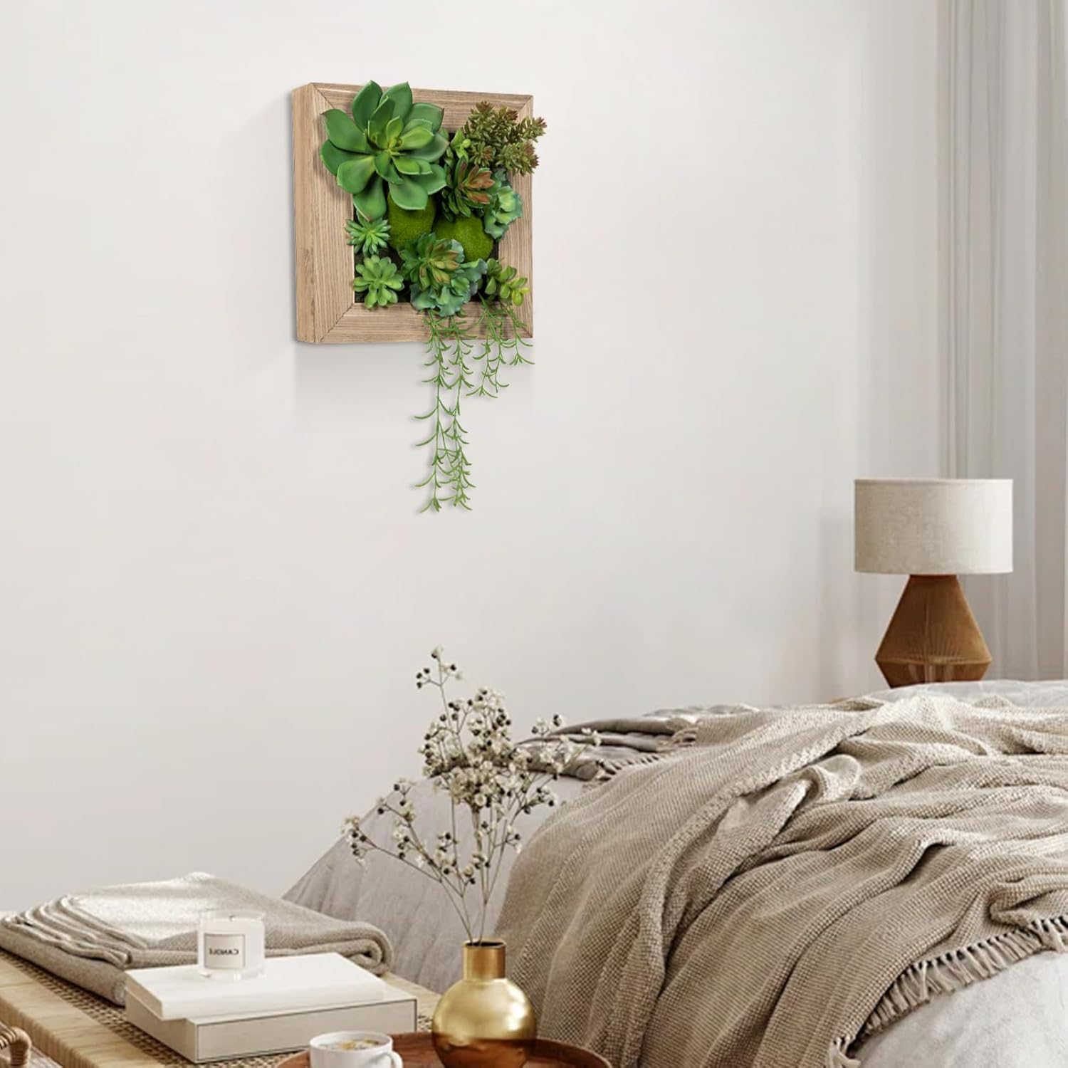 Artificial Succulent Wall Decor Fake Hanging Succulents with Wood Plant Box, Succulent Plants Artificial 3D Wooden Wall Decor Faux Hanging Plants Indoor Succulents Arrangement