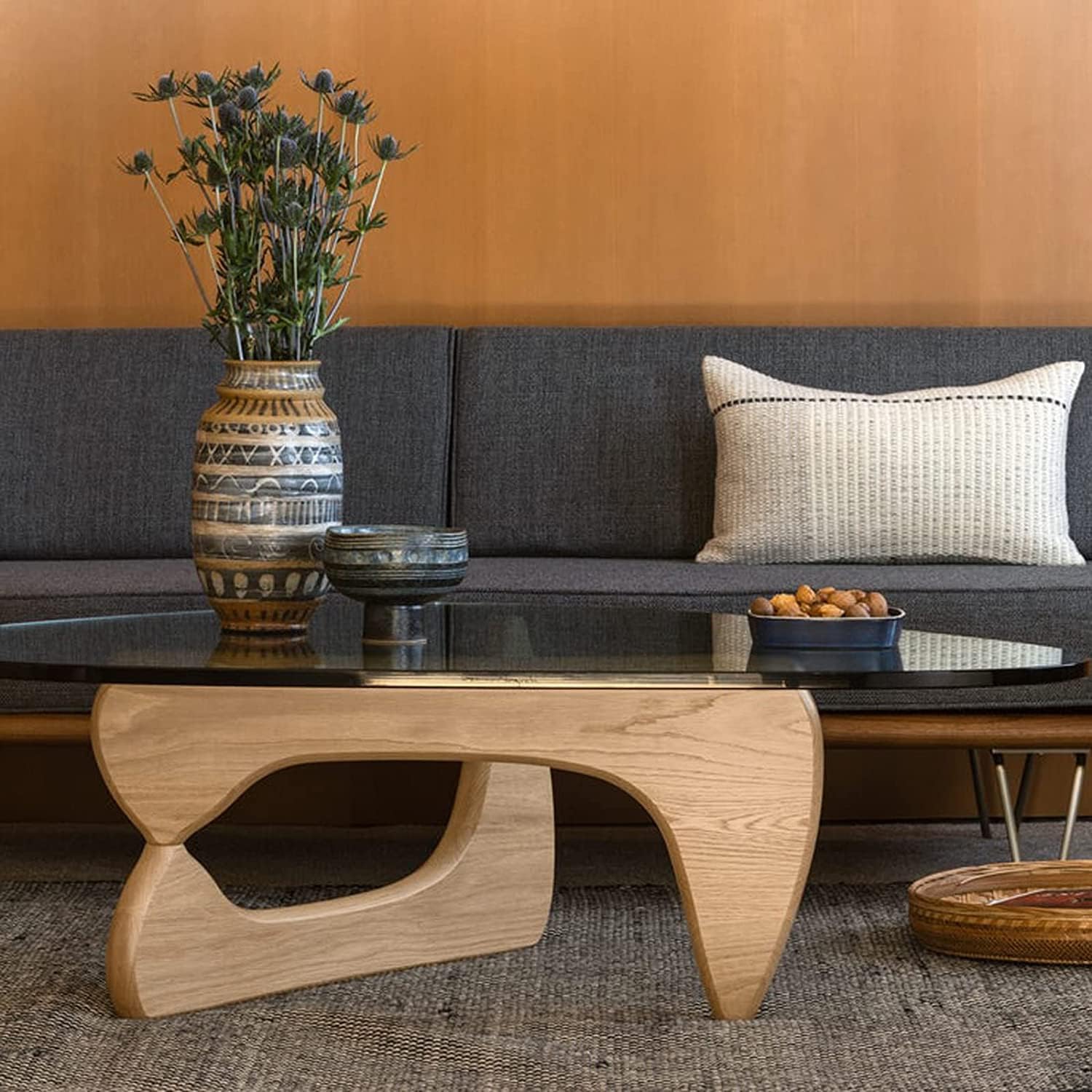 Noguchi Table Triangle Glass Coffee Table Vintage Glass End Table, Solid Wood Base and Triangle Clear Glass Top Modern End Table for Living Room, Patio, Study (Light Walnut)