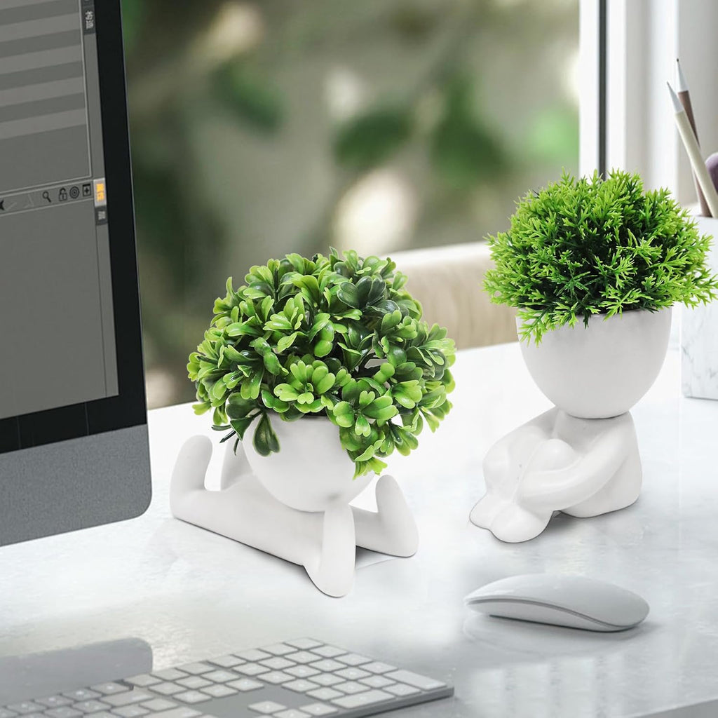 MAKHOT 4 Packs Creative Fake Plants Artificial Succulents Plants in Ceramic Human Shaped Pots, Cute Faux Succulents Mini Plant for Room Bathroom Home Office Desk Accessories Decor(White)