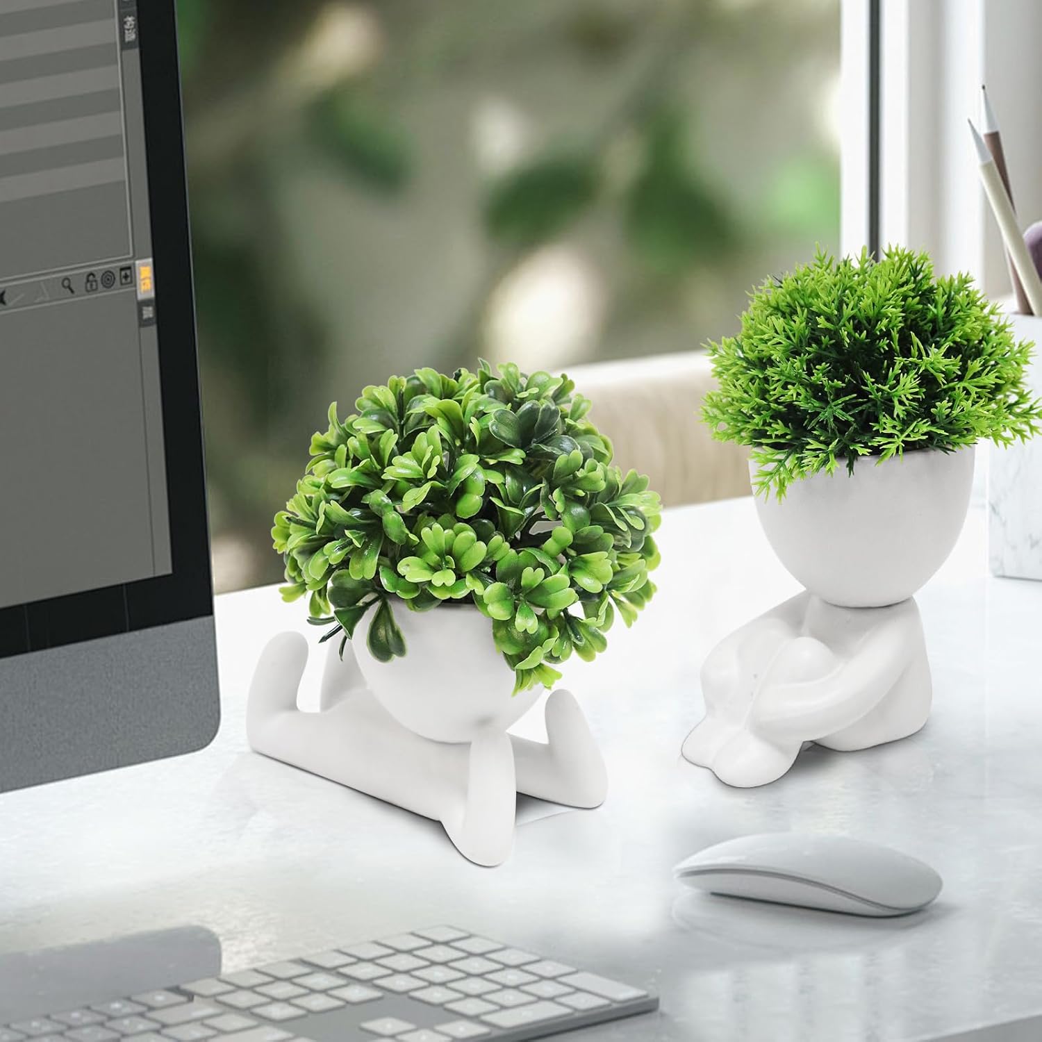 MAKHOT 4 Packs Creative Fake Plants Artificial Succulents Plants in Ceramic Human Shaped Pots, Cute Faux Succulents Mini Plant for Room Bathroom Home Office Desk Accessories Decor(White)