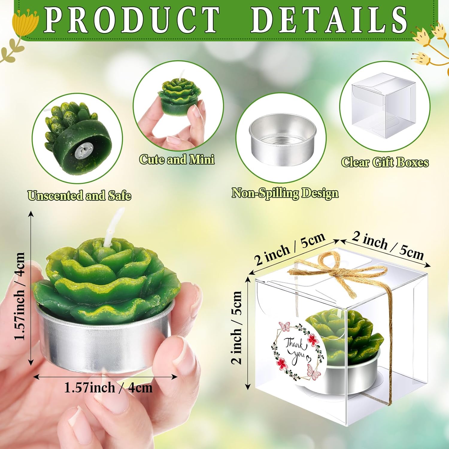 MTLEE 48 Sets Cactus Tealight Candles Delicate Succulent Cactus Candles Mini Candle Plant Party Favors Gifts for Christmas Baby Shower Fiesta Birthday Anniversary Celebration Wedding Party