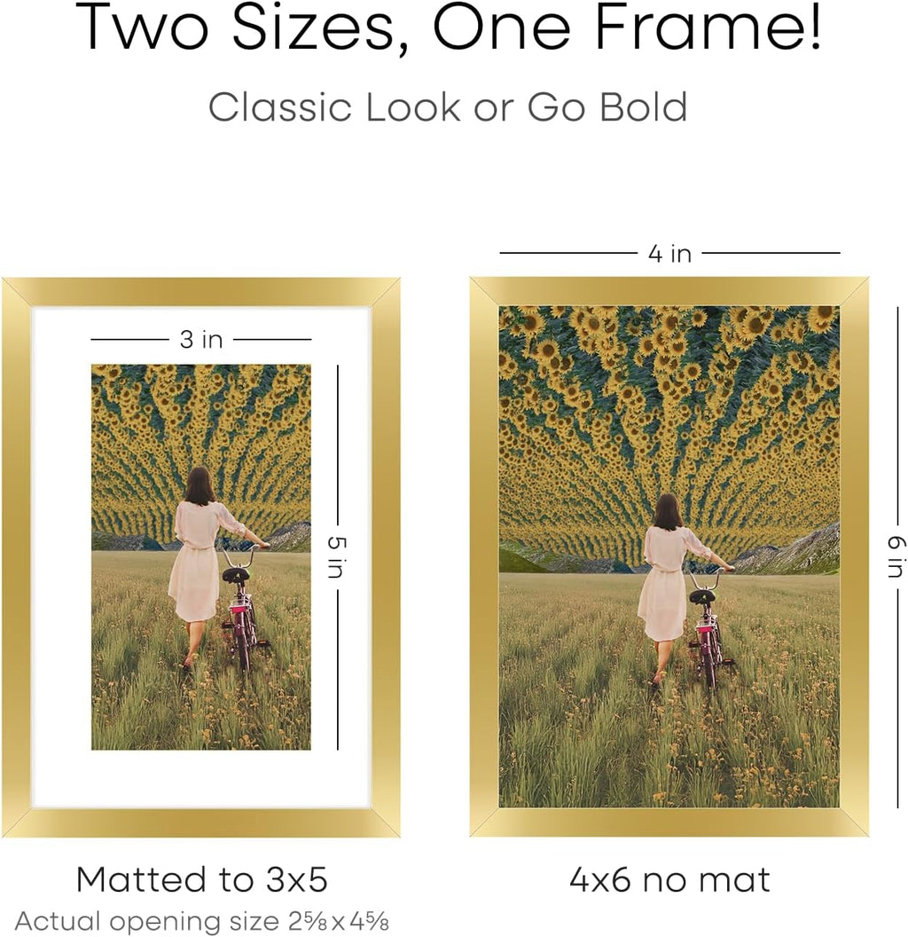 Homeforia 4x6 Picture Frame Gold, High End Metal 4 x 6 Gold Frames with Mat 3 x 5 for Print, 4by6 Desk Frame Matted to 3x5 inch Photo, 4 by 6 Wall or Tabletop Frame, Tempered Glass, Wall Kit, Set of 2