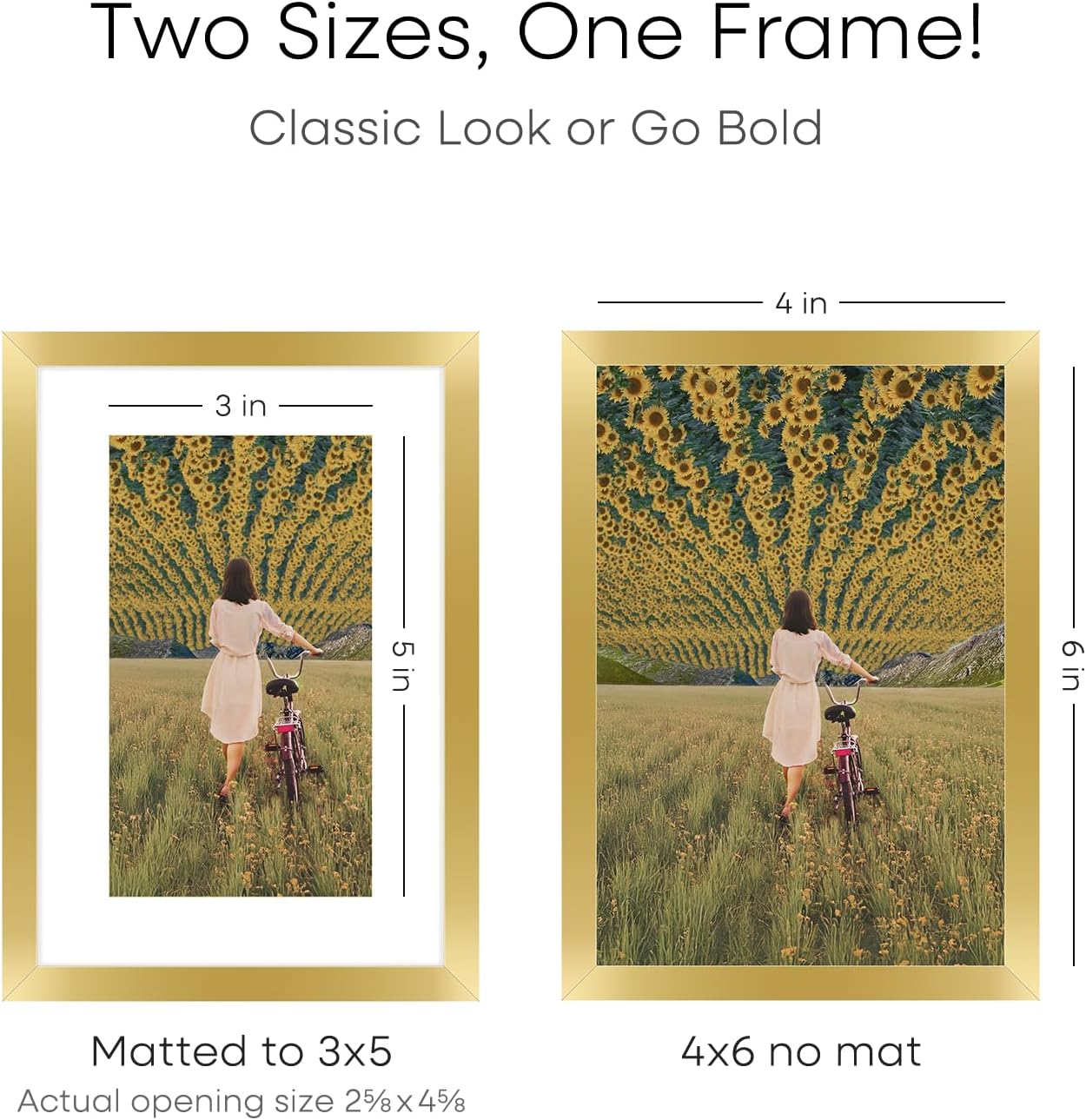Homeforia 4x6 Picture Frame Gold, High End Metal 4 x 6 Gold Frames with Mat 3 x 5 for Print, 4by6 Desk Frame Matted to 3x5 inch Photo, 4 by 6 Wall or Tabletop Frame, Tempered Glass, Wall Kit, Set of 2