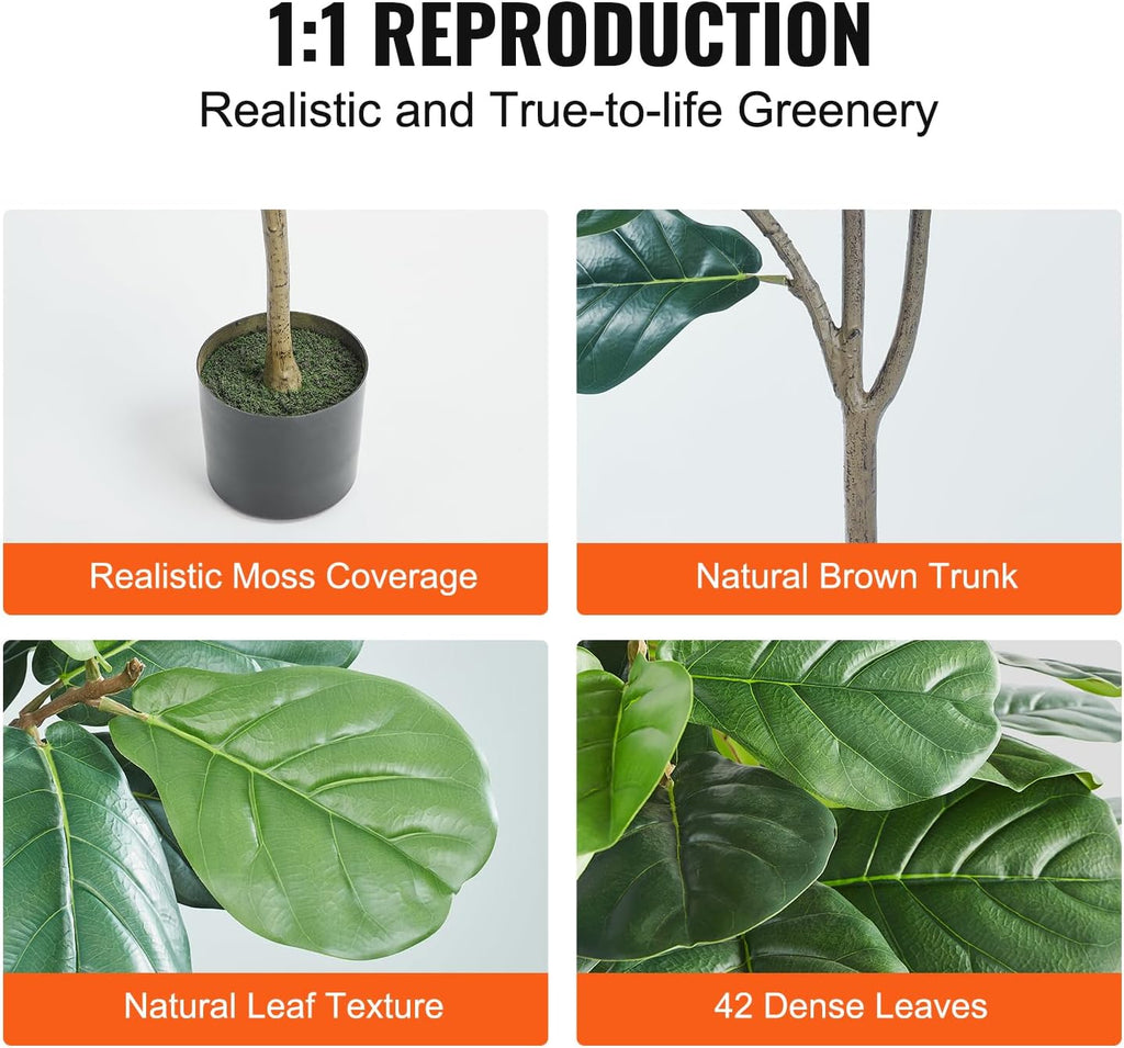 VEVOR Artificial Fiddle Leaf Fig Tree 6 FT, Secure PE Material & Anti-Tip Tilt Protection Low-Maintenance Faux Plant, Lifelike Green Fake Potted Tree for Home Office Warehouse Decor Indoor Outdoor