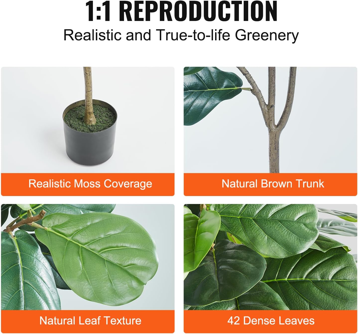 VEVOR Artificial Fiddle Leaf Fig Tree 6 FT, Secure PE Material & Anti-Tip Tilt Protection Low-Maintenance Faux Plant, Lifelike Green Fake Potted Tree for Home Office Warehouse Decor Indoor Outdoor