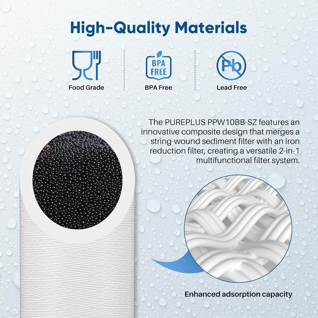 PUREPLUS 10"×4.5" String Wound Sediment Filter Compound With Iron Reducing Filter, Compatible With Whole House Water Filtration System For Well Water, 1Pack