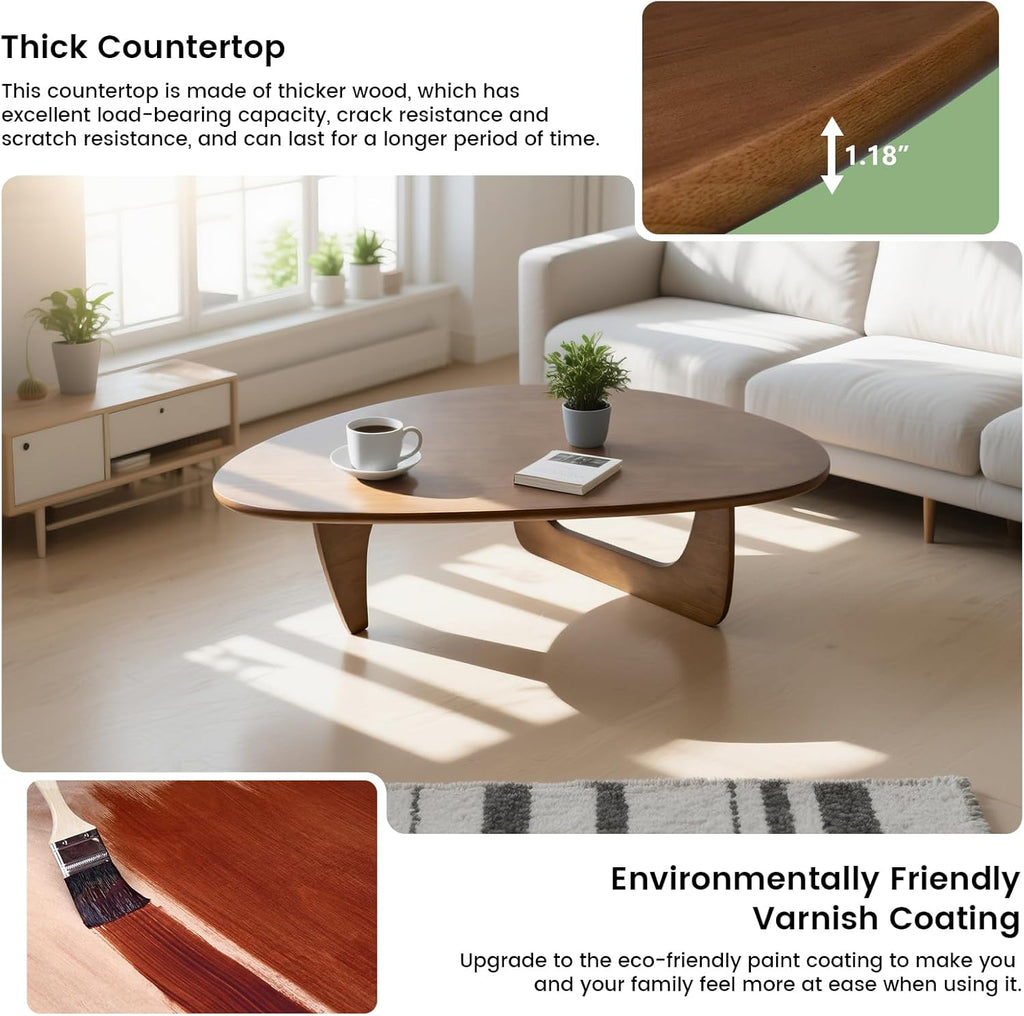 Solid Wooden Modern Triangle Coffee Table: Unique Funky Coffee Tables for Living Room, Oval Mid-Century Irregular Abstract Tea Tables for Patio Office Balcony Bedroom (Walnut, 43" L x 31" W x 16" H)