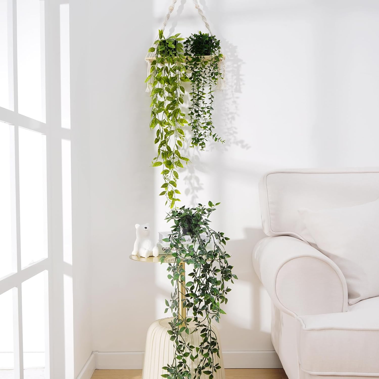 BLEUM CADE Fake Hanging Plants Mixed Set, 4pcs Artificial Hanging Plant, Faux Hanging Potted Plants Greenery for Wall Shelf Home Living Room Indoor Outdoor Decor