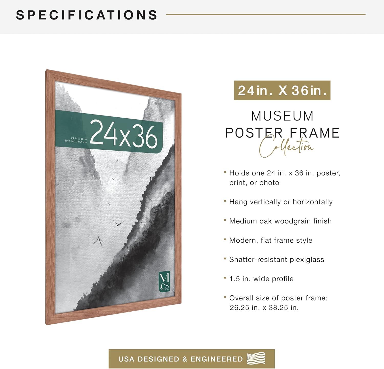 MCS Museum Poster Frame 24x36 Medium Oak, Vertical & Horizontal Wall Hanging Large Picture Frame for Photos, Posters & Art Prints (1-Pack)