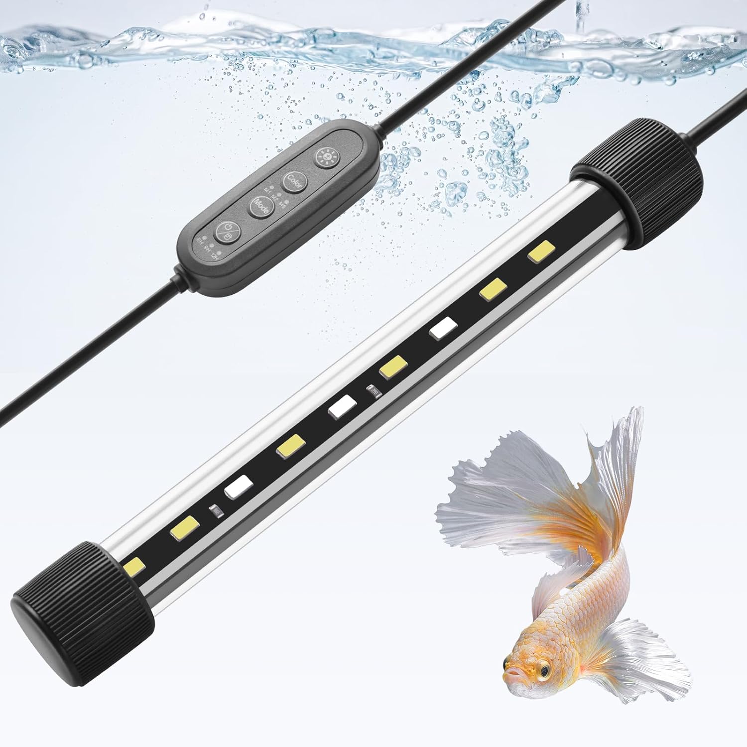 Dirvin 7inches 24/7 Mode Submersible Aquarium LED Light, 9 LED Beads 3 Colors Fish Tank Light with Timer Brightness Adjustable, Sunrise-Daylight-Moonlight Simulation for 7"-16" Fish Tank, 3.5W