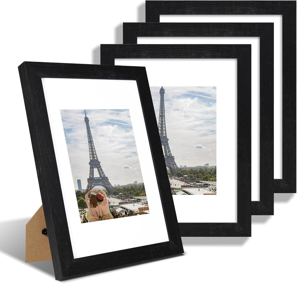 9x12 Picture Frame Set of 4, Made of Glass and Rustic Black Wooden Frame - Display Picture 6x8 with Mat or 9 x 12 Without Mat, 9 by 12 Photo for Wall or Tabletop