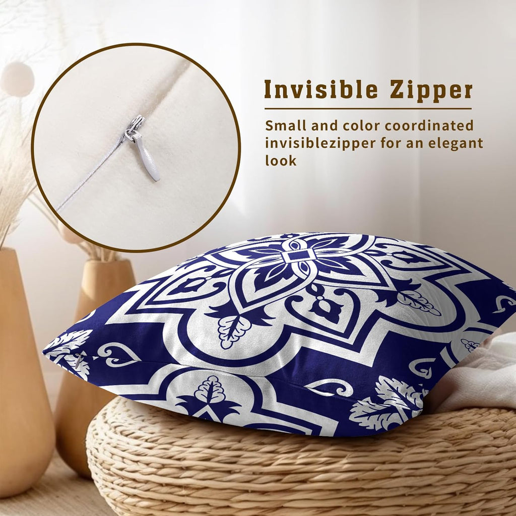 Navy White Geometric Floral Throw Pillowcases Set of 2 All-Season Soft Pillow Covers with Hidden Zipper,Durable for Sofa Bed Car Decor & Gift 18x18Inch