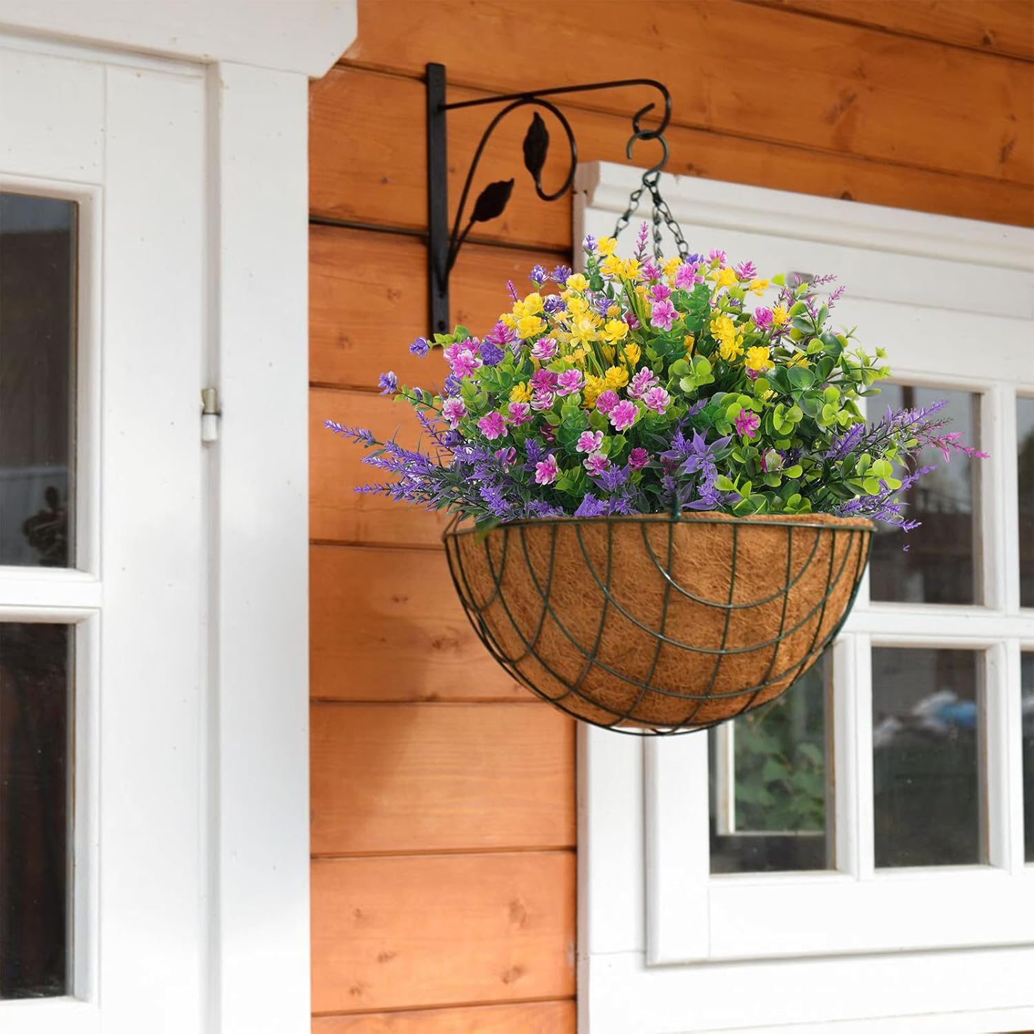 Hananona 24 Pcs Bundles Artificial Flowers Outdoor, Faux Artificial Plants Shrubs Plastic Flower Bulk for Hanging Planter Porch Window Home Wedding Fall Summer Decor (24, Multiple Color)