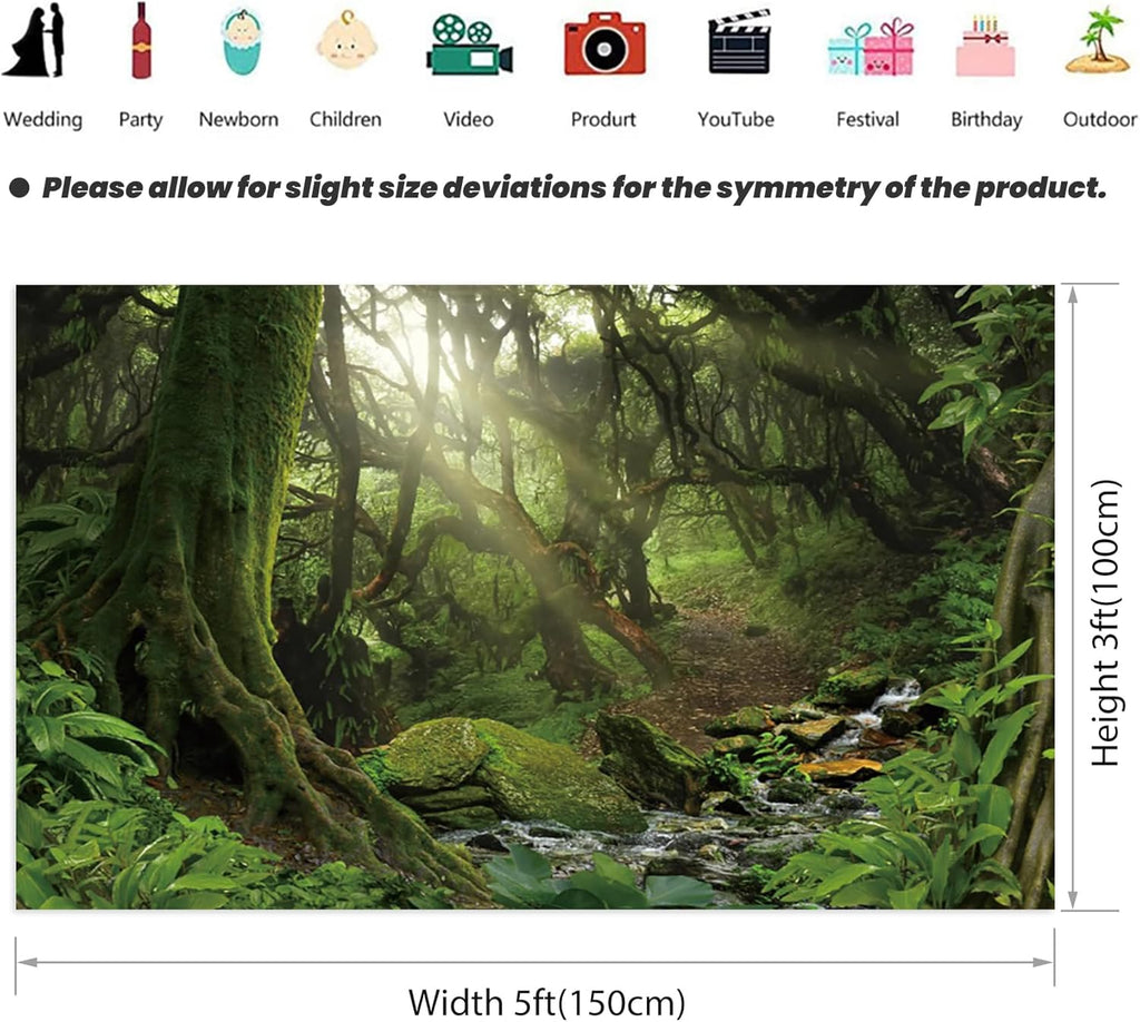 Renaiss Enchanted Jungle Forest Backdrop Fabric Greenery VBS Primary Forest Photography Background Rainforest Scenery Photo Backdrop Kids Adults Birthday Baby Shower Camping Decorations 5x3ft