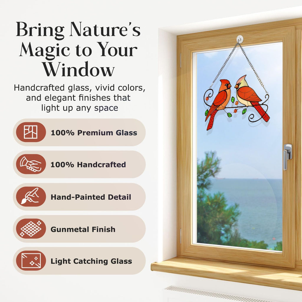 Cardinal Bird Stained Glass Window Hanging, Sun Catchers Indoor Panel, Nautical Suncatcher Decor for Home, Wall, Garden, Coastal Ornament, Gift for Women and Mom