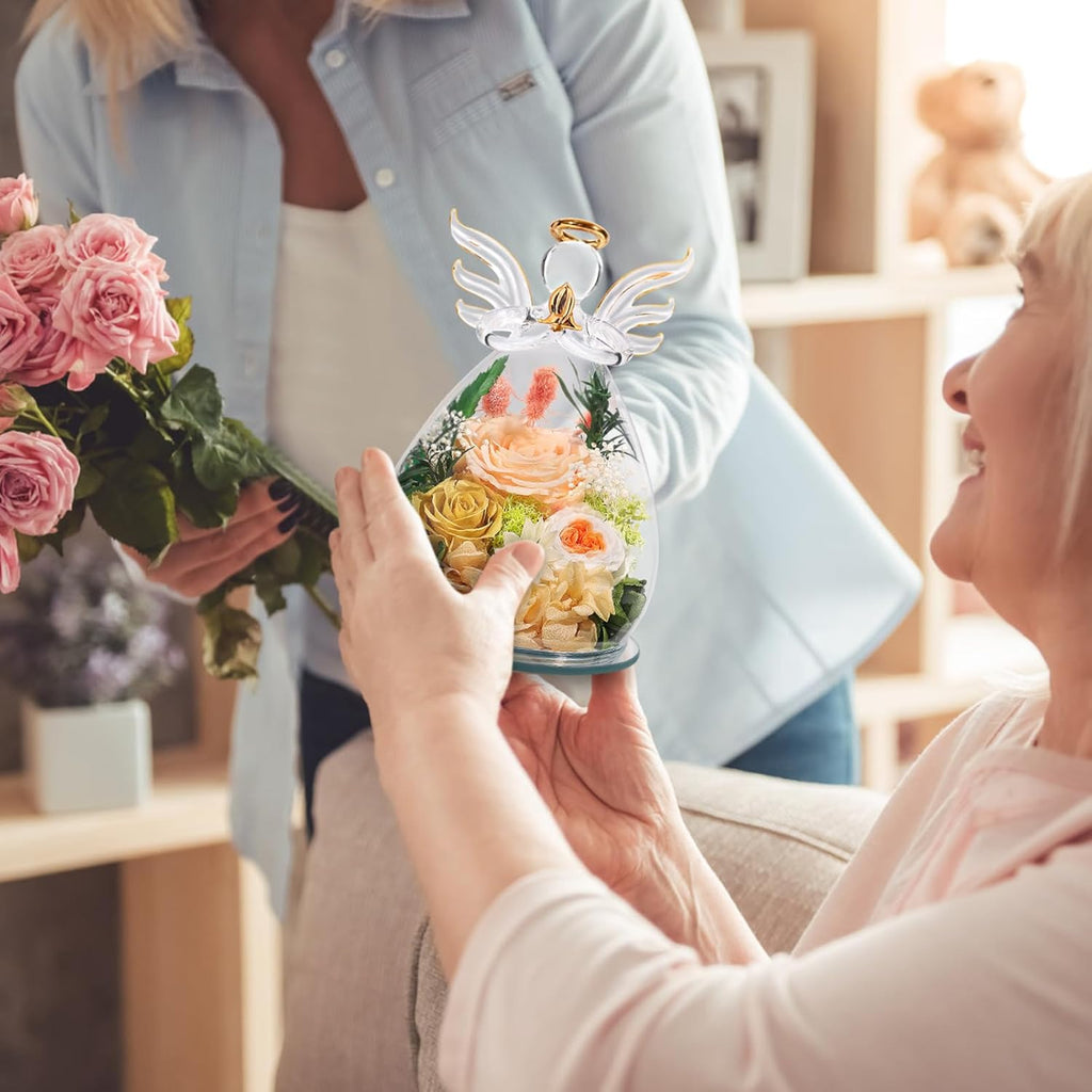 FIACO Gifts for Women Birthday Christmas Preserved Rose Forever Flower in Glass Angel Figurines Fresh Flowers for Delivery for Mom Real Colorful Roses for Grandma Wife Her from Daughter