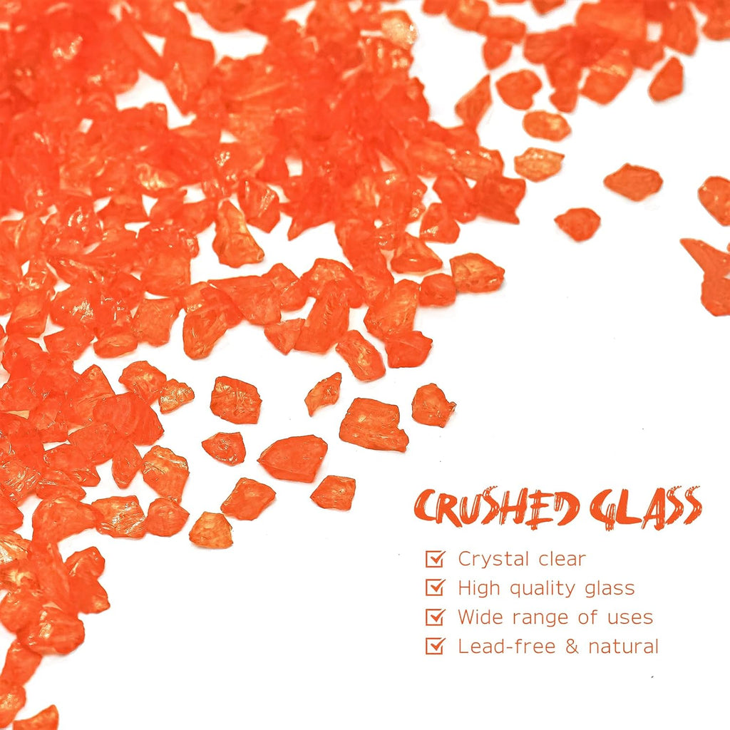 Crushed Glass for Resin Art - 3-6mm Orange Red, 1.5lb | Broken Glass Pieces for Crafts, Vase Filler & Fire Pit Media | Decorative Stones
