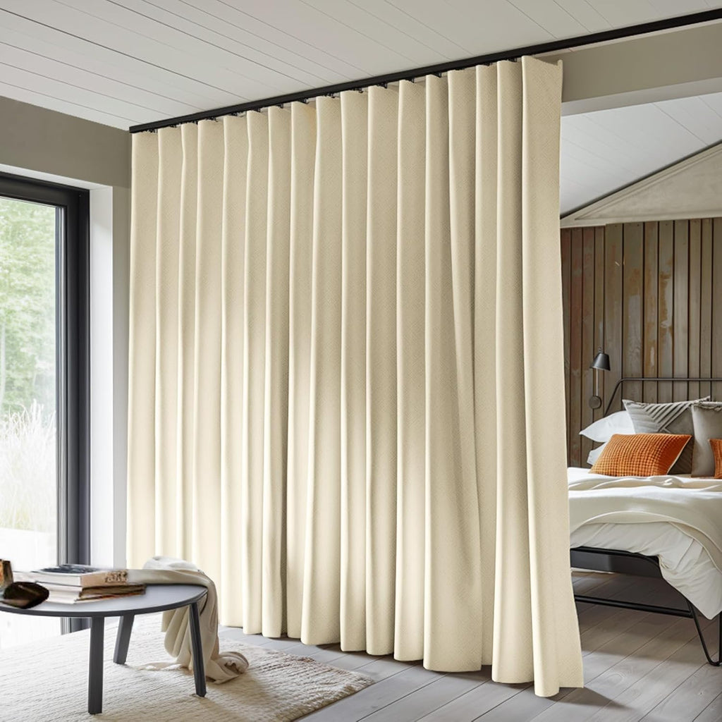 Room Divider Curtains Total Blackout Privacy Curtain Panel Room Thermal Insulated Noise Reduction Curtains for Bedroom Window Living Room Ceiling Track Curtain W 8.3 ft × H 9 ft Beige