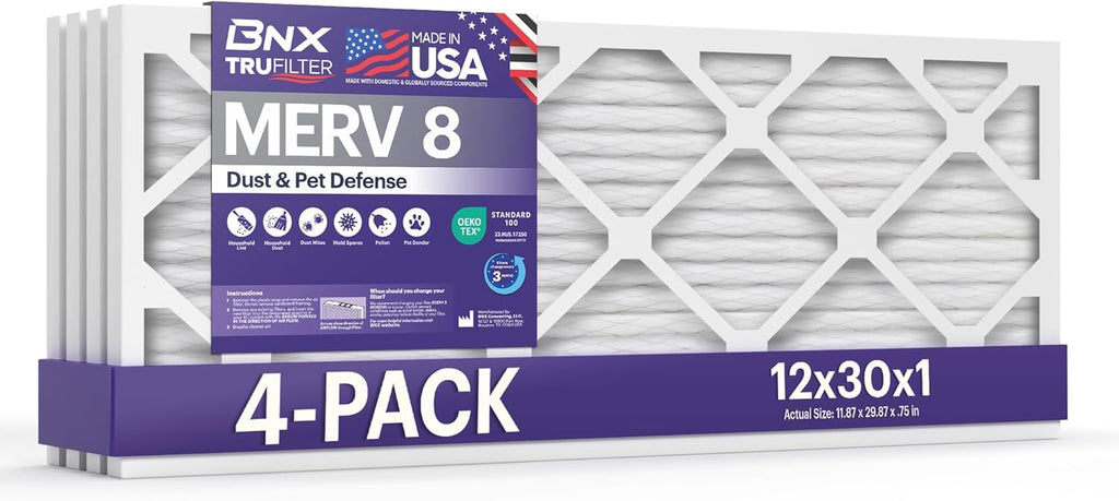 BNX TruFilter 12x30x1 Air Filter MERV 8 (4-Pack) - MADE IN USA – Dust & Pet Defense Electrostatic Pleated Air Conditioner HVAC AC Furnace Filters for Dust, Pet, Mold, Pollen MPR 600 – 700 & FPR 5