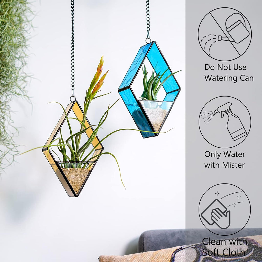 Stained Glass Terrariums Hanging, 2 Packs Geometric Window Planters with Chain for Windowsill Decor Small Succulent Tillandsia Glass Container Terrarium Minimalist Air Plant Holders