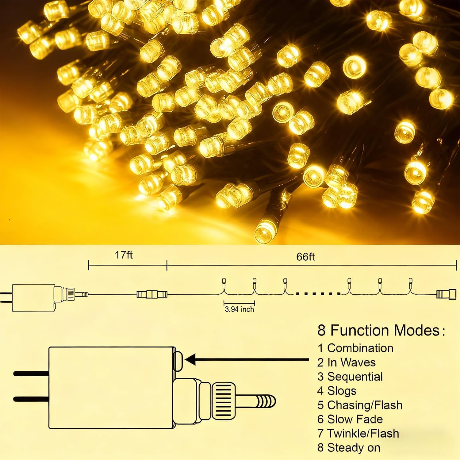 Home Lighting 66ft Christmas Decorative Mini Lights, 200 LED Green Wire Fairy Starry String Lights Plug in, 8 Lighting Modes, for Indoor Outdoor Xmas Tree Wedding Party Decoration (Warm White)