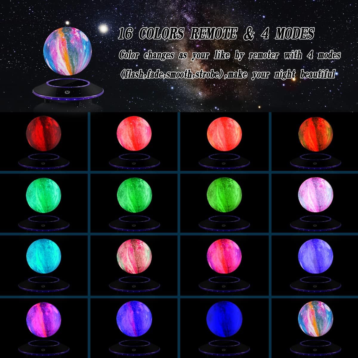 VGAzer Lunar Motion LED Levitating Moon Lamp, 3D Illusion Night Light with Remote Control, Dimmable 16 Colors Lights for Kids Adults (16 Colors Galaxy Moon)