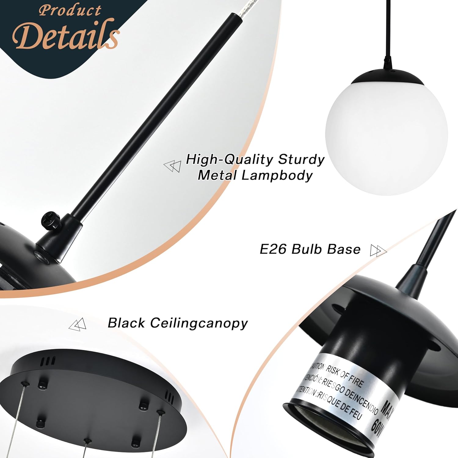 KoKo&Yukina 3 Light Globe Glass Pendant Light Modern Black Globe Chandelier Adjustable Length Pendant Light Fixtures Milky White Glass Ceiling Light for Foyer Hallway