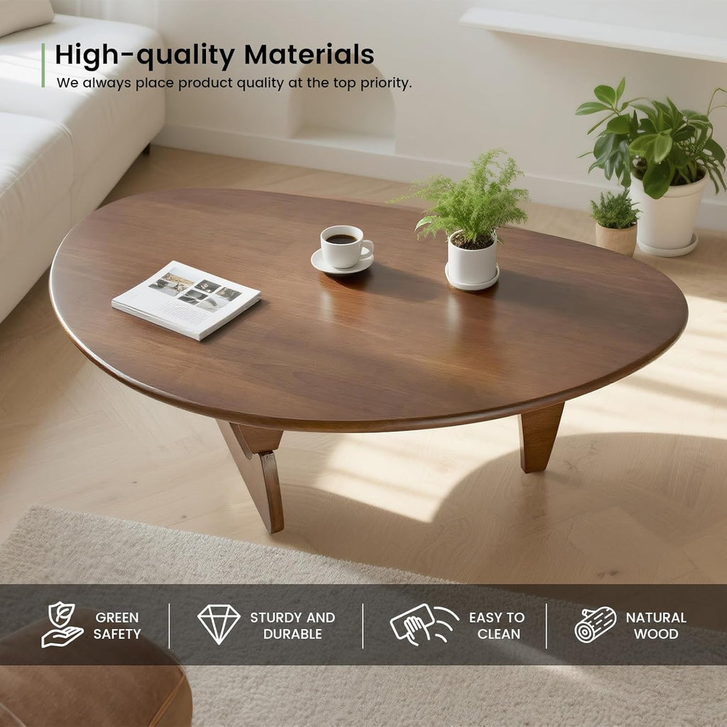 Solid Wooden Modern Triangle Coffee Table: Unique Funky Coffee Tables for Living Room, Oval Mid-Century Irregular Abstract Tea Tables for Patio Office Balcony Bedroom (Walnut, 50" L x 31" W x 16" H)