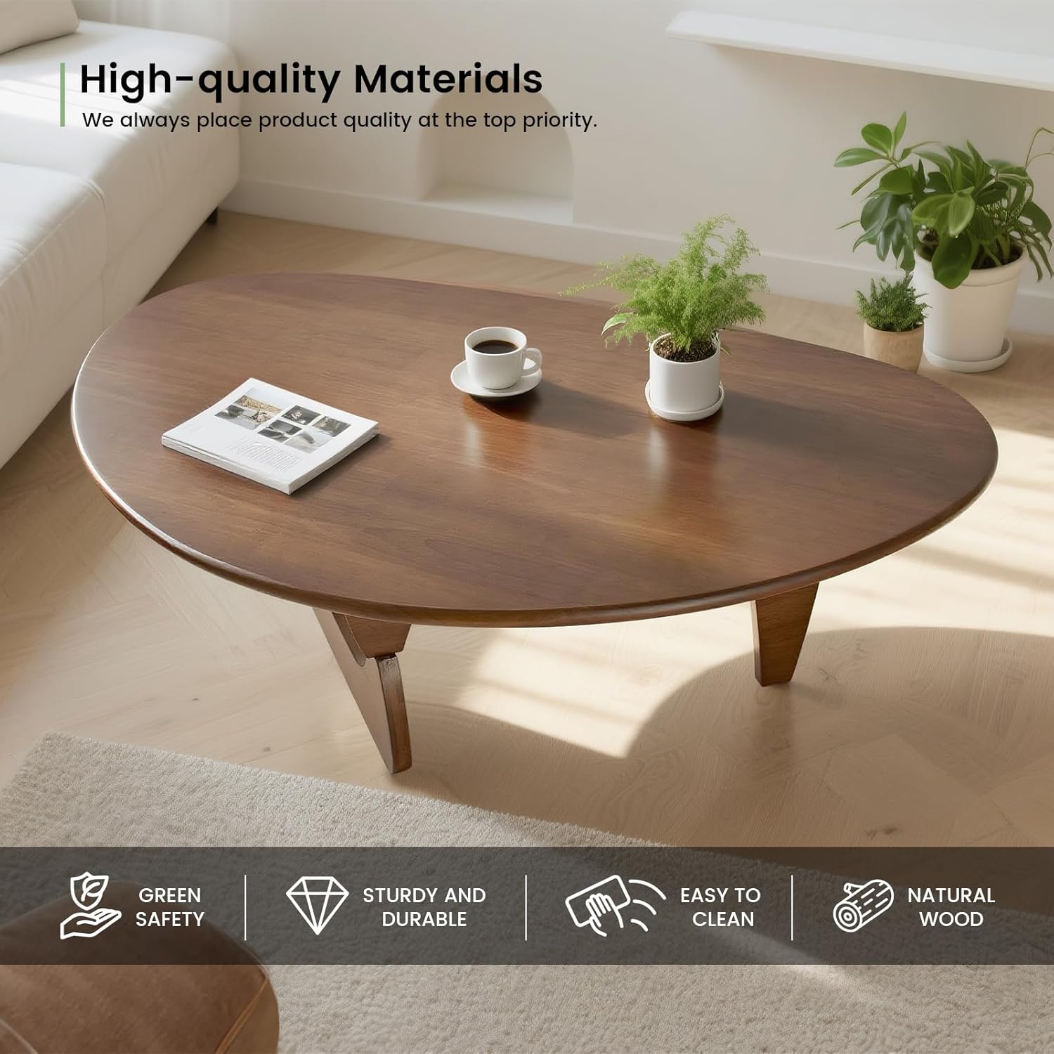 Solid Wooden Modern Triangle Coffee Table: Unique Funky Coffee Tables for Living Room, Oval Mid-Century Irregular Abstract Tea Tables for Patio Office Balcony Bedroom (Walnut, 43" L x 31" W x 16" H)