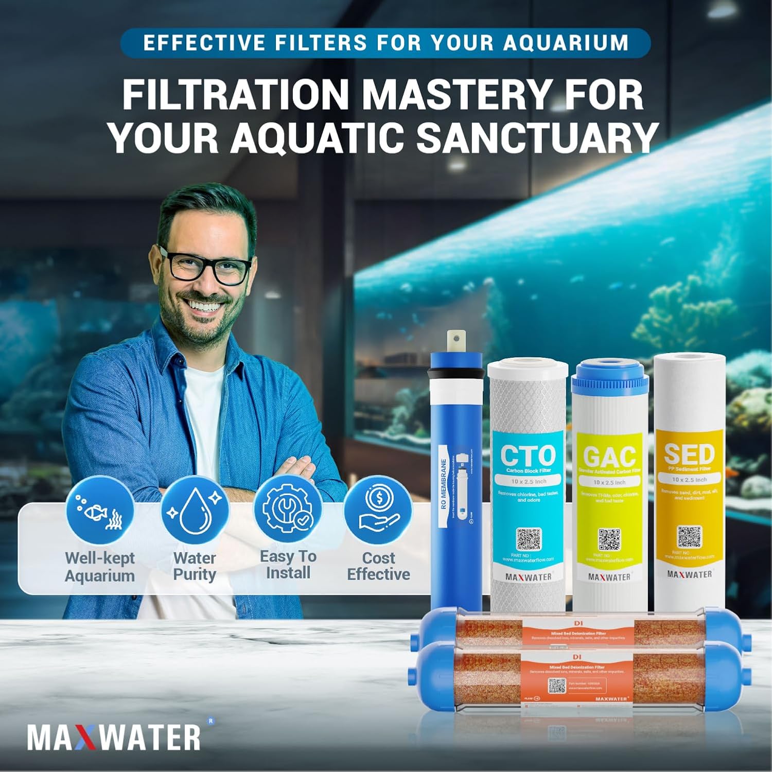 Max Water 6 Stage Reverse Osmosis RO DI Water Filter Replacement Kit for Aquarium w/ 1 Micron Polypropylene Sediment, GAC + CTO Carbon, 2x Mixed Bed RO DI, 50 GPD Membrane