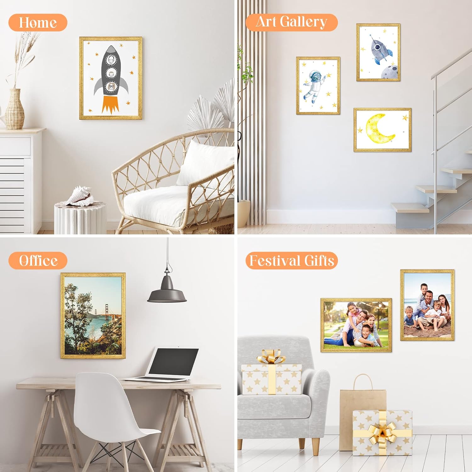 Wood 10x14 Frame Gold, Ornate Natural 14x10in Poster Picture Frame, Modern Golden 10 x 14inch Gallery Wall Photo Frame with HD Plexiglass, Horizontal Vertical Wall Mounting Display 1pcs