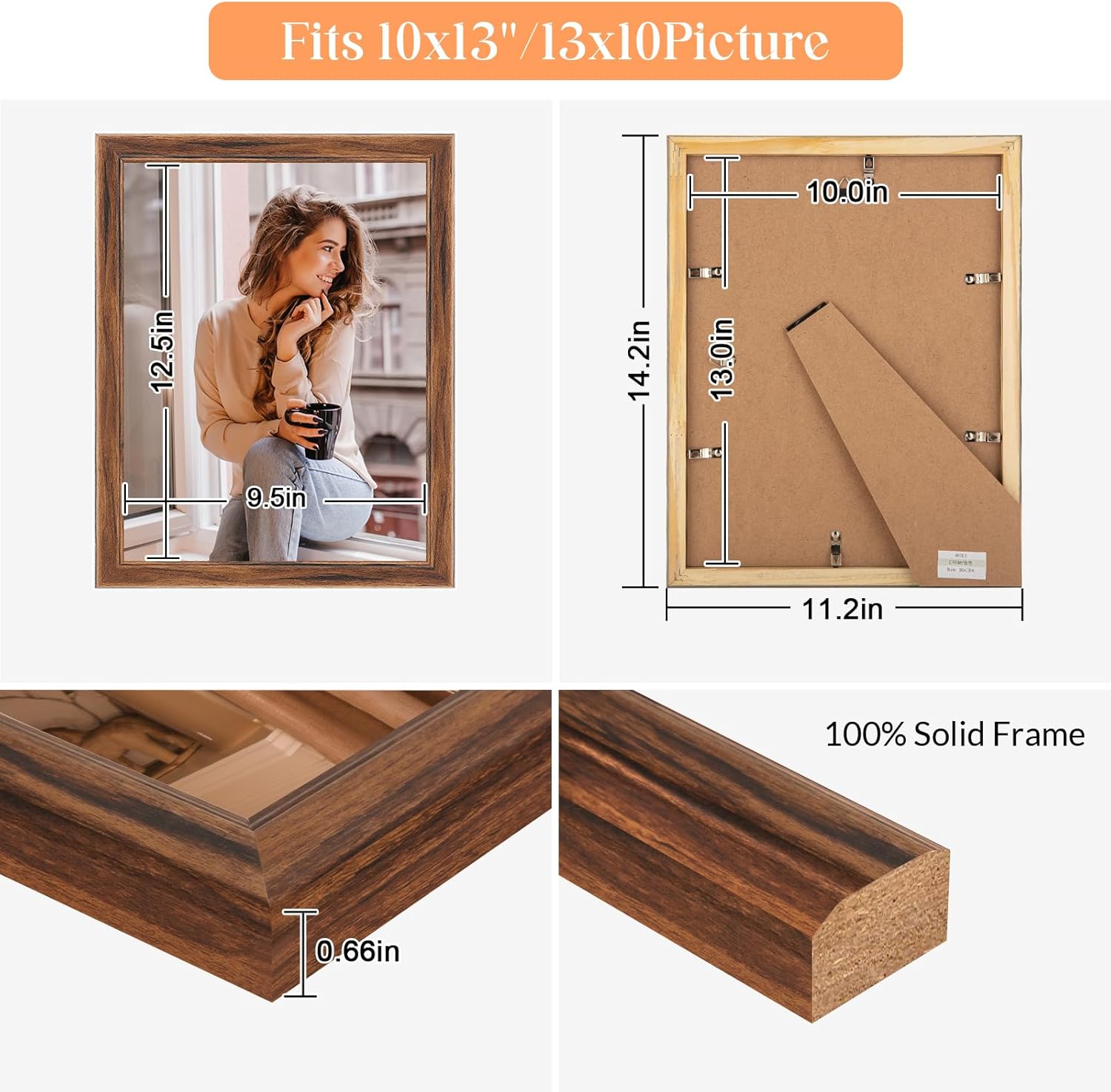 10x13 Wood Frame Brown, Natural Wooden 13x10in Picture Frames, Modern Golden 10 x 13inch Gallery Photo Pic Frame with HD Plexiglass, Horizontal Vertical Wall Mounting Tabletop Display 1Pcs