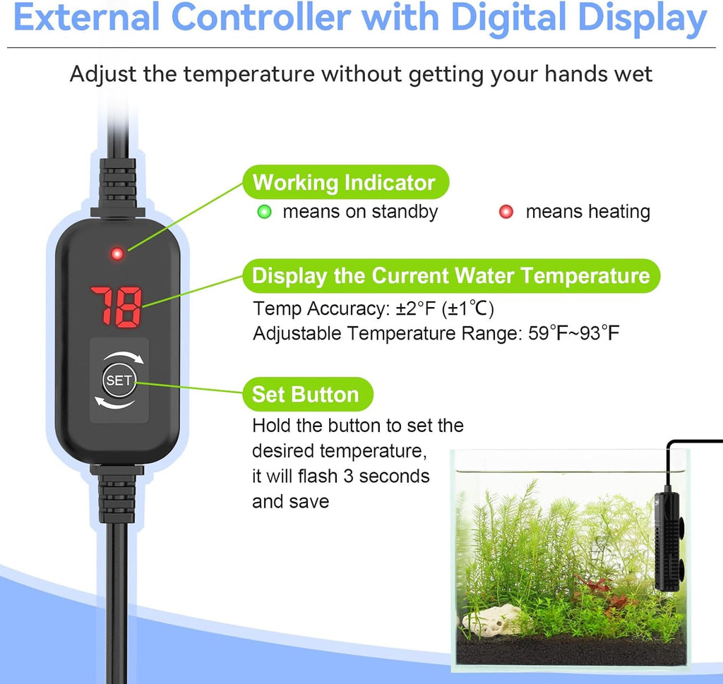 hygger Nano Aquarium Submersible Heater for 15-20 Gallon Fish Tank Betta Heater with Digital Display, Adjustable Temperature Controller 100Watt