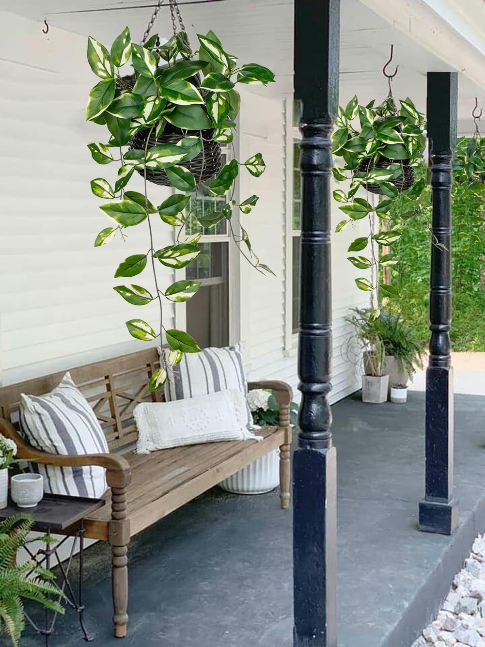 Oairse Artificial Hanging Plants Fake Hanging Plants with Pots Faux Golden Pothos N‘ Joy Potted Plant Wall Plant with Basket Pot for Wall Shelves Bedroom Bathroom Indoor Outdoor
