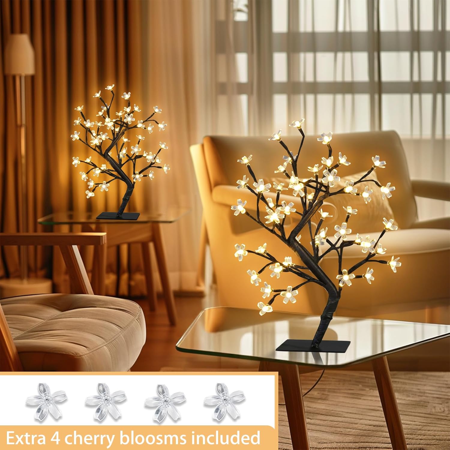 PEIDUO Set of 2 Lighted Cherry Blossom Tree, Light up Bonsai Tree for Christmas Decorations, Warm White Lights Plug in Adapter, Tabletop Night Light Artificial Tree for Indoor Bedroom Living Room