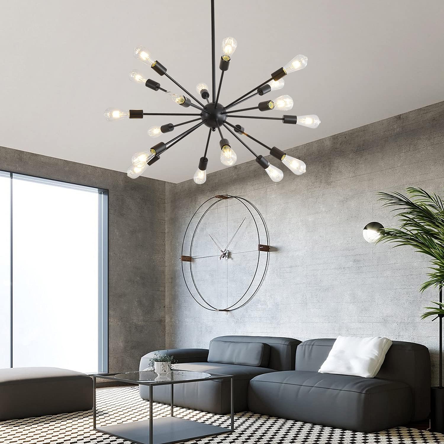 Mid-Century Sputnik Chandeliers 18-Lights, Modern Semi Flush Mount Ceiling Light Fixture Industrial Retro Hanging Lamps for Kitchen Living Room Dining Bedroom Corridor, Black（Bulb Not Included）