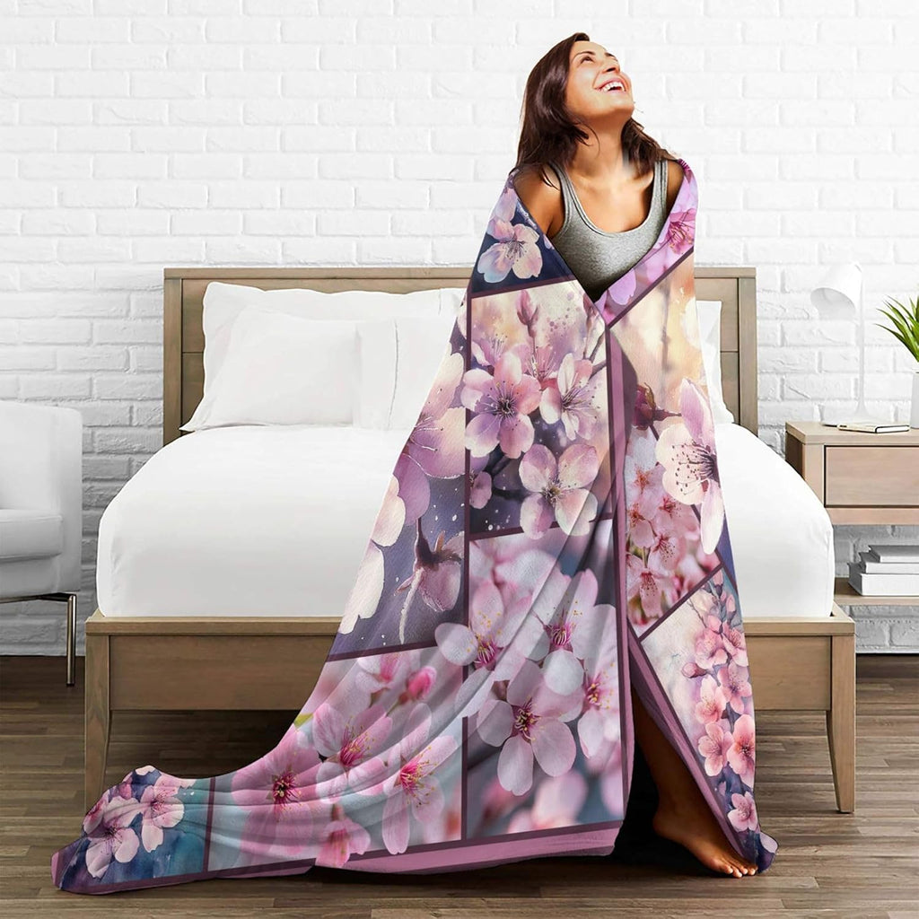 Cherry Blossoms Throw Blanket Japanese Sakura Floral Print Throw Blankets Gifts for Couch Sofa Bed Stuff Decor Lightweight Soft Cozy Fleece Plush Flannel Bedding for Lover Men Women 50"x60"