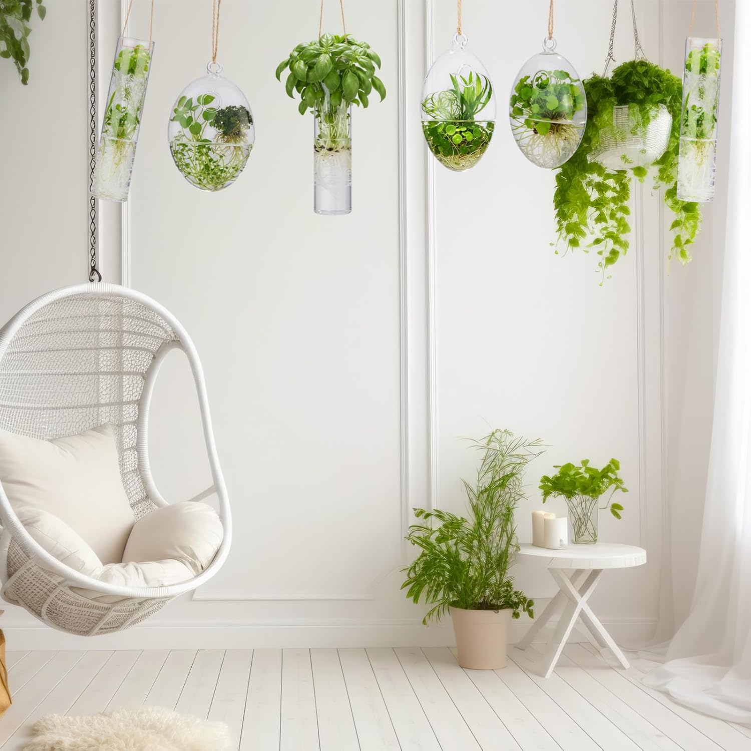 Zopeal 6 Sets Wall Hanging Glass Planter Greenhouse Terrarium Propagation Station Wall Vase Container Watering Squeeze Bottle with Rope and Hook for Hydroponic Plants Flower Home Decor (Elegant Style)