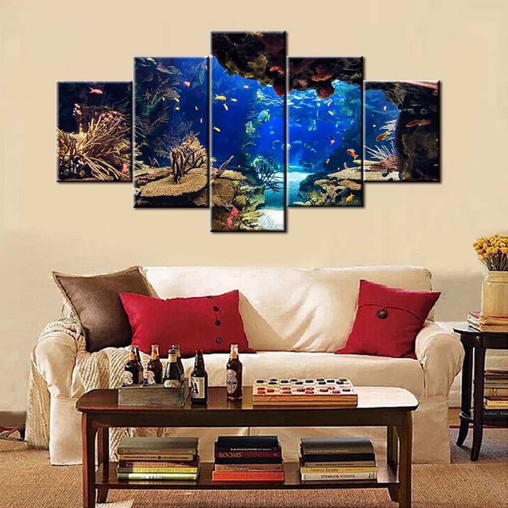 Coral Reef and Fish Paintings Underwater World Wall Art Undersea Pictures Home Decorations for Living RoomAquarium Artwork Gallery-Wrapped 5 Panel Prints on Canvas Framed Ready to Hang(60''W x 32''H)