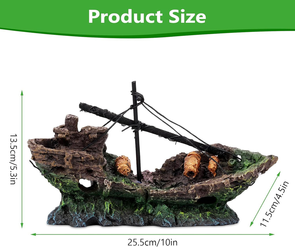 Big Ship Aquarium Decoration Resin - Large Weathered Sunken Shipwreck with Small Hole,Centerpiece for Fish Tank - Approx. 10" L x 4.5" W x 5.3" H(Big Ship)