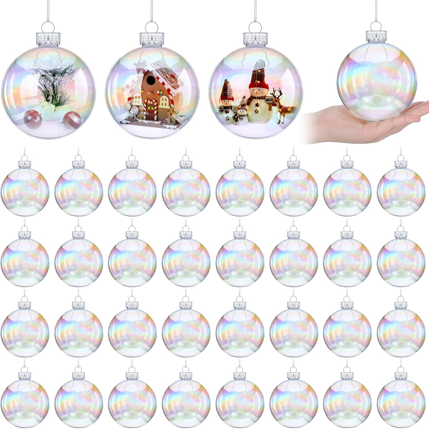 Funtery 80 Pcs Christmas Iridescent Clear Ornaments Balls Iridescent Christmas Balls for Tree Crafts Fillable Transparent DIY Hanging 2.5 Inch Rainbow Ball for Holiday Decor (Iridescence Style)