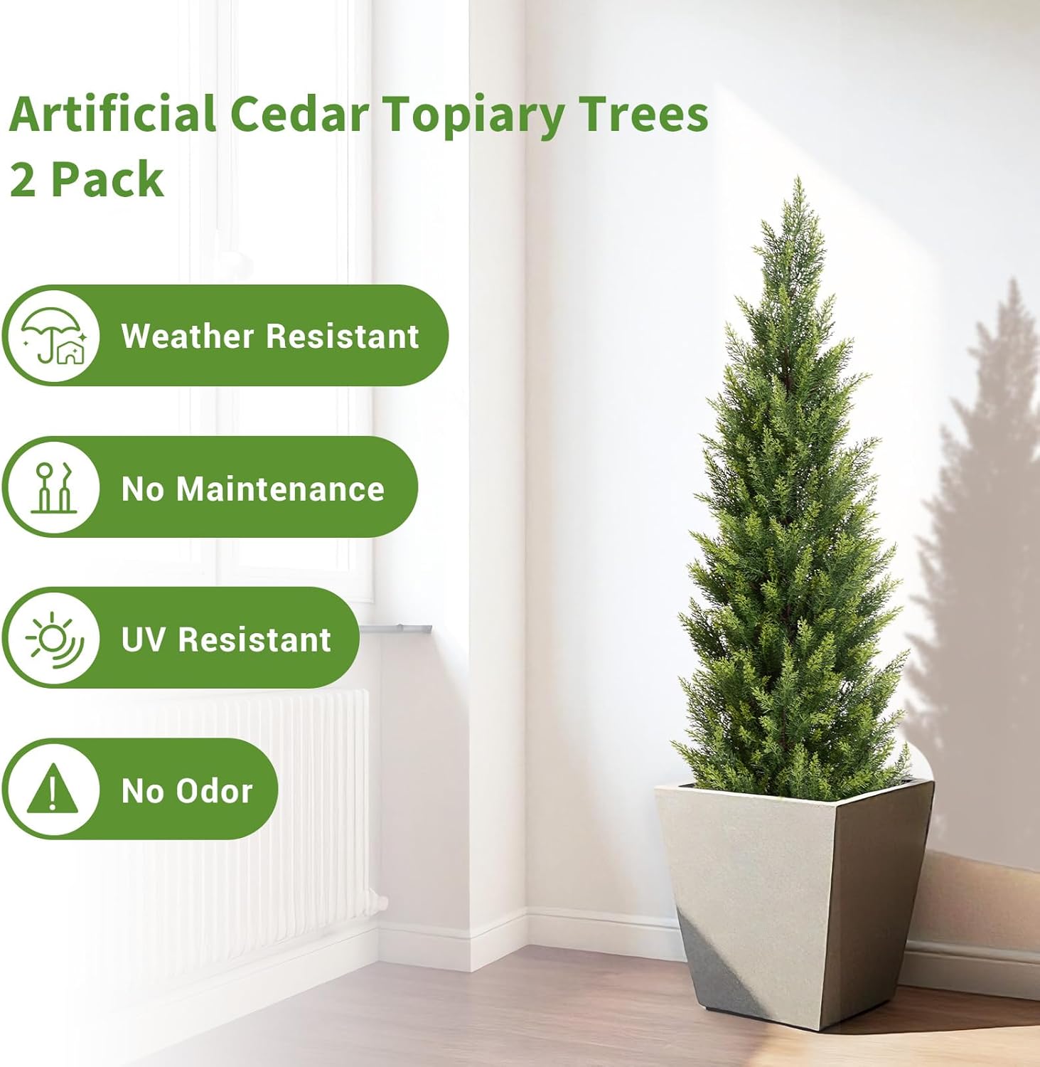 5FT Artificial Cedar Christmas Topiary Trees Set of 2 - Realistic Faux Cypress Plants UV Resistant for Outdoor Planter, Fake Bushes & Shrubs for Porch Front Door Outside UV Rated, 5 Feet Tall, 2 Pack