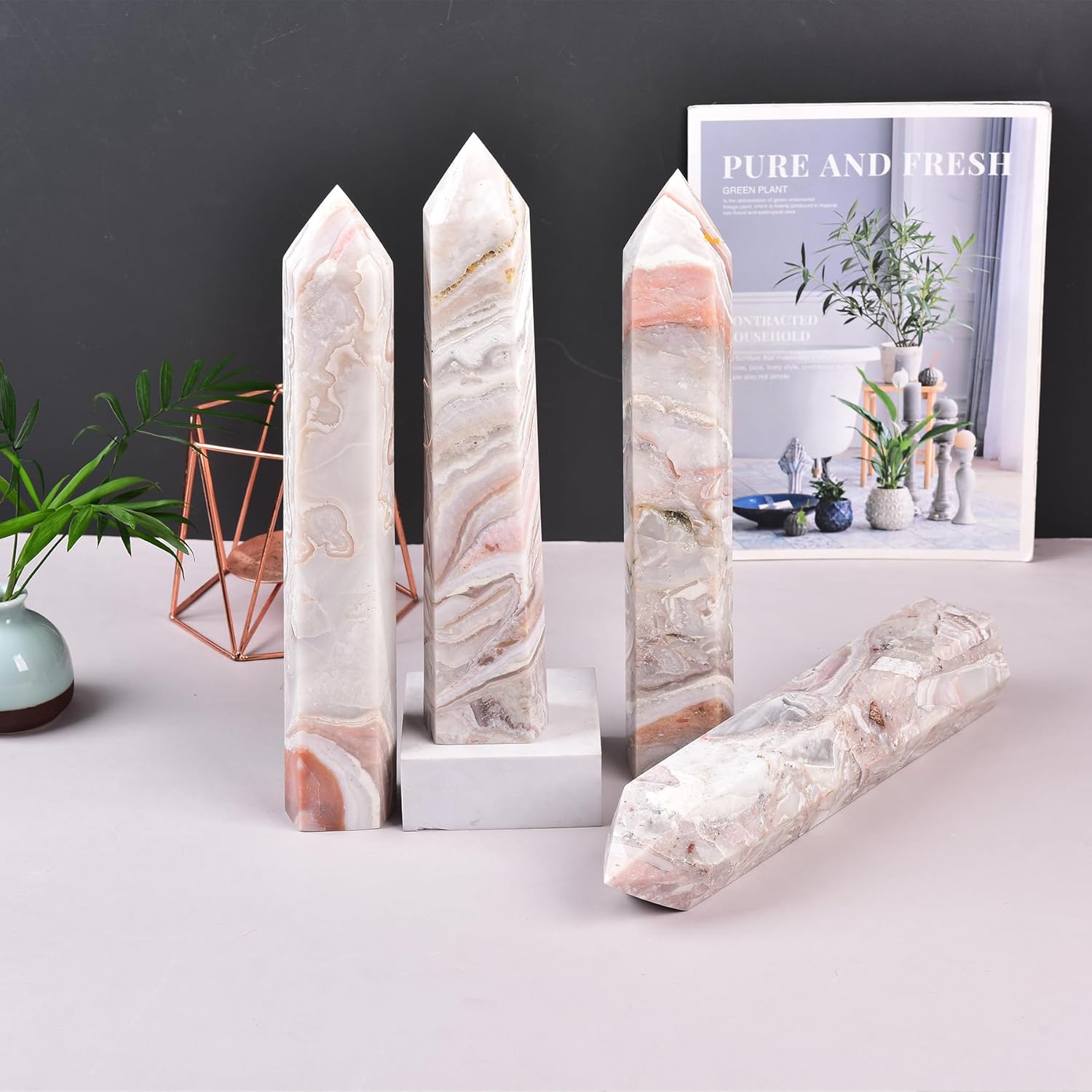 JIC Gem Extra Large Pink Agate Crystal 6 Faceted Geode Tower Natural Pink Healing Crystal Obelisk Point Wand Reiki Chakra Therapy Home Decor Crystal Gift 3.0-3.5 Lbs